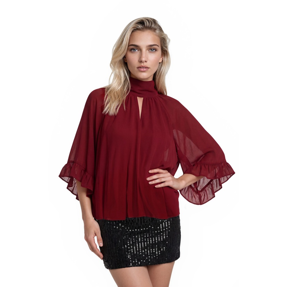 Vince Camuto Blouse Top Womens Size Medium Burgundy Ruffle Bell Sleeve Mock Neck